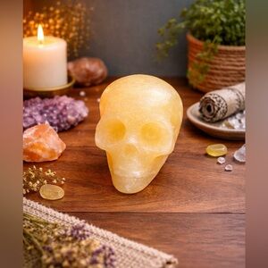 Natural Orange Calcite Skull Carving - Home Decor